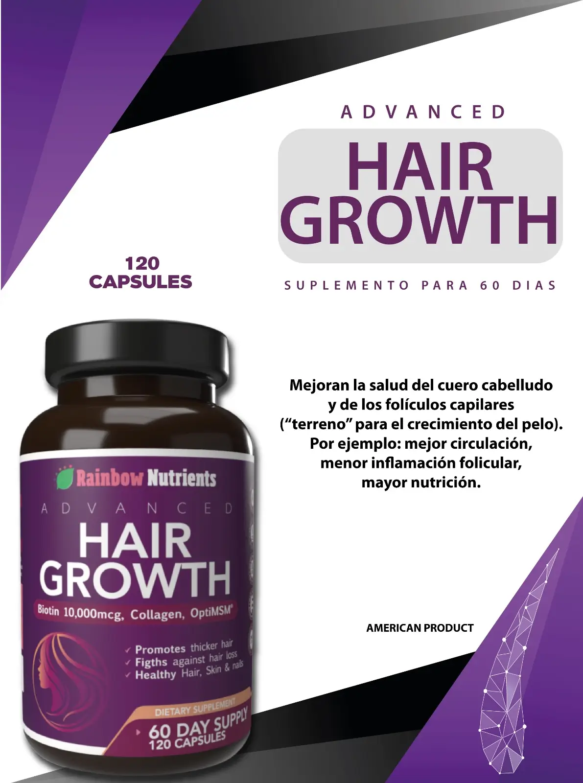 rainbow nutrients, hair growth, 120 capsulas rainbow nutrients, hair growth, 120 capsulas