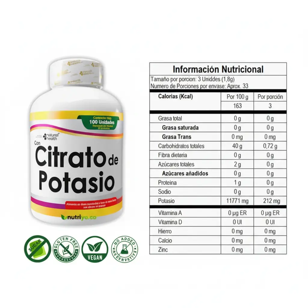 natural health, citrato de potasio, 100 capsulas masticables natural health, citrato de potasio, 100 capsulas masticables