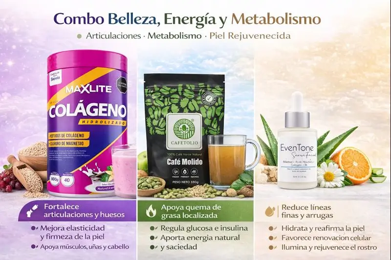 Ofertas y Combos de Merkavit unmerco, combo integral belleza, energía y metabolismo que combina maxlite, café verde cafetolio y eventone suero facial