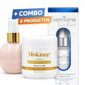 combo piel perfecta 3 en 1 – eventone + miskinne + golden passion | antimanchas, antiedad y bronceado natural, unmerco