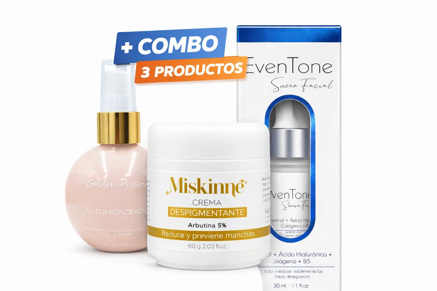 combo piel perfecta 3 en 1 – eventone + miskinne + golden passion | antimanchas, antiedad y bronceado natural, unmerco combo piel perfecta 3 en 1 – eventone + miskinne + golden passion | antimanchas, antiedad y bronceado natural, unmerco