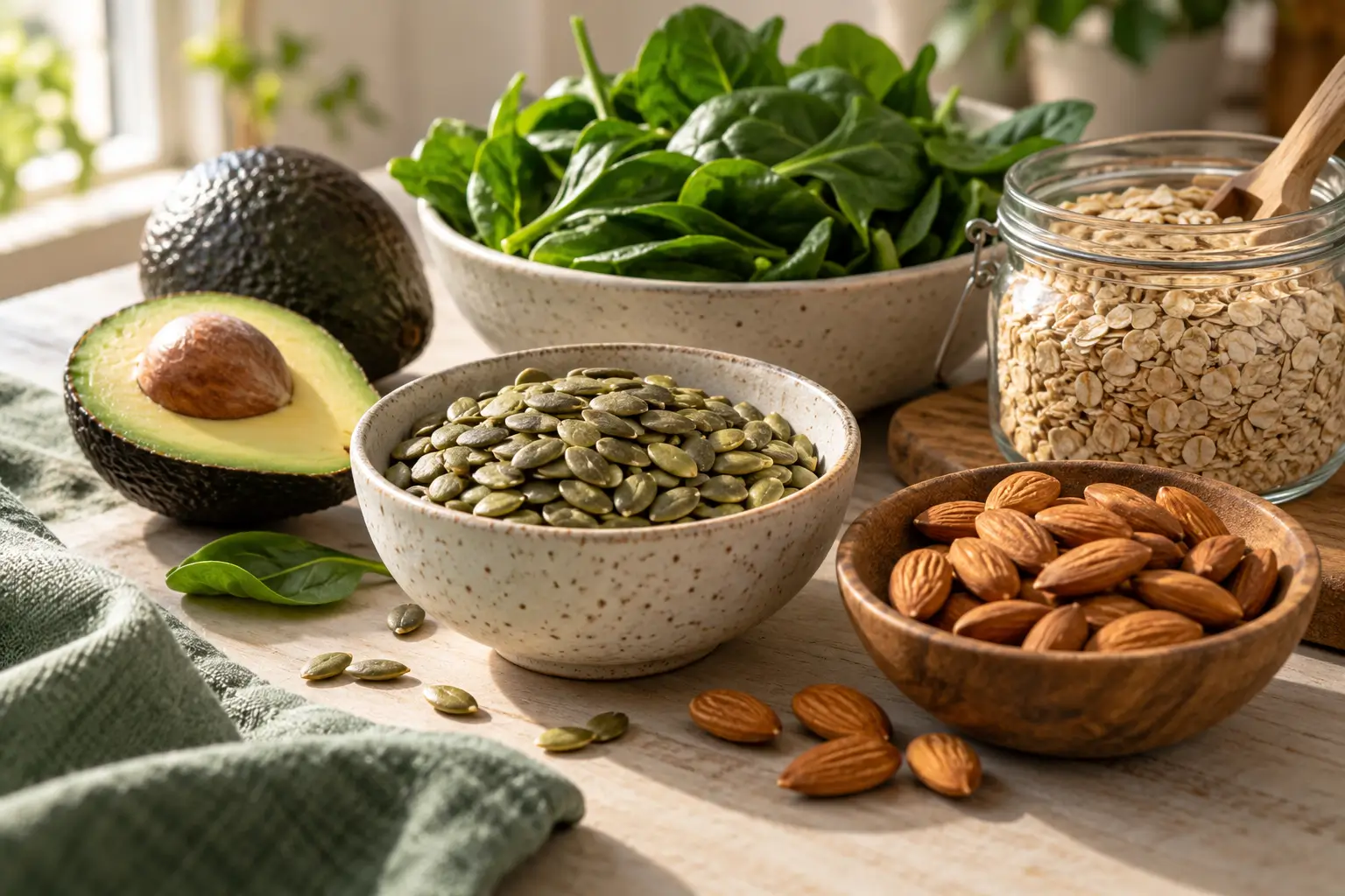 Semillas, almendras, espinacas, aguacate y avena