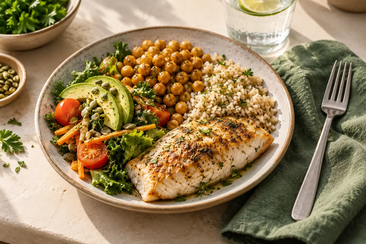 Plato con pescado, vegetales, garbanzos y cereales