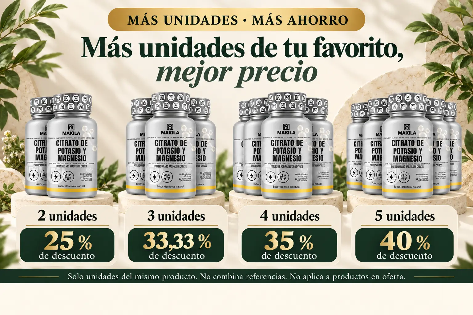 Más unidades de tu favorito, mejor precio. Compra 2 unidades con 25 % de descuento; 3 con 33,33 %; 4 con 35 %; 5 con 40 %. Solo unidades del mismo producto. No combina referencias. No aplica a productos en oferta.