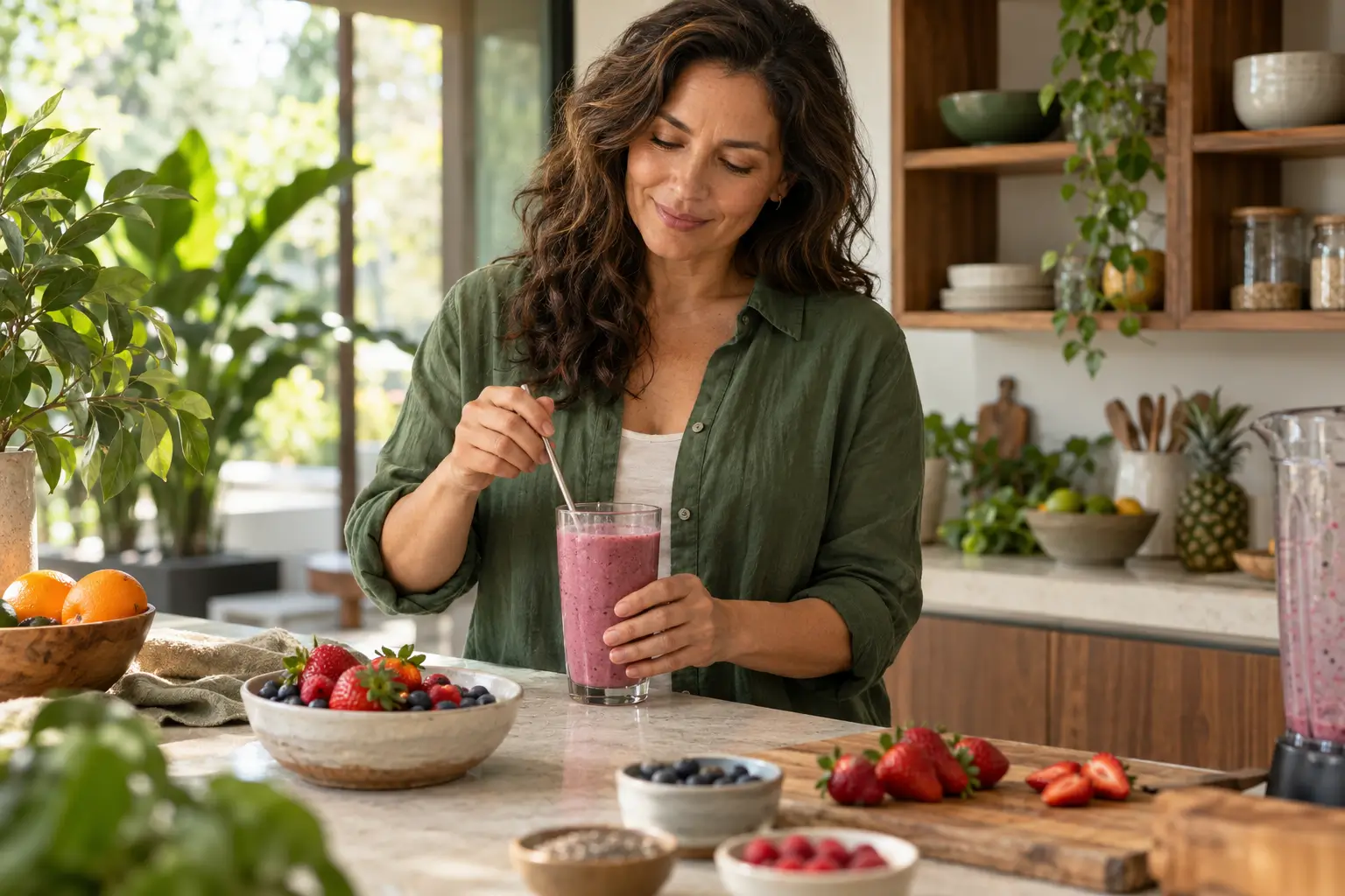 Mujer preparando un batido de frutos rojos en casa