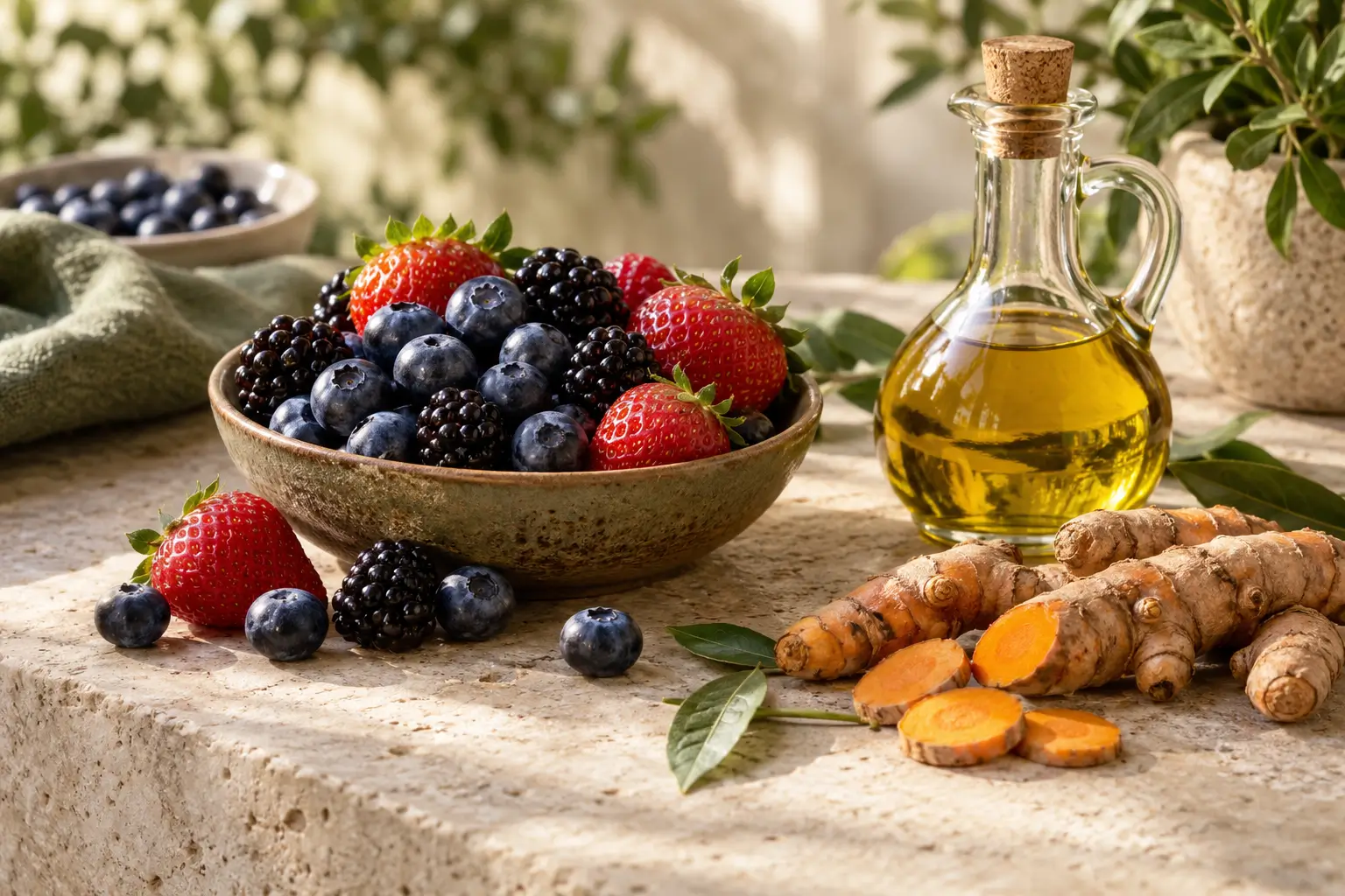 Frutos rojos, cúrcuma y aceite de oliva sobre una mesa