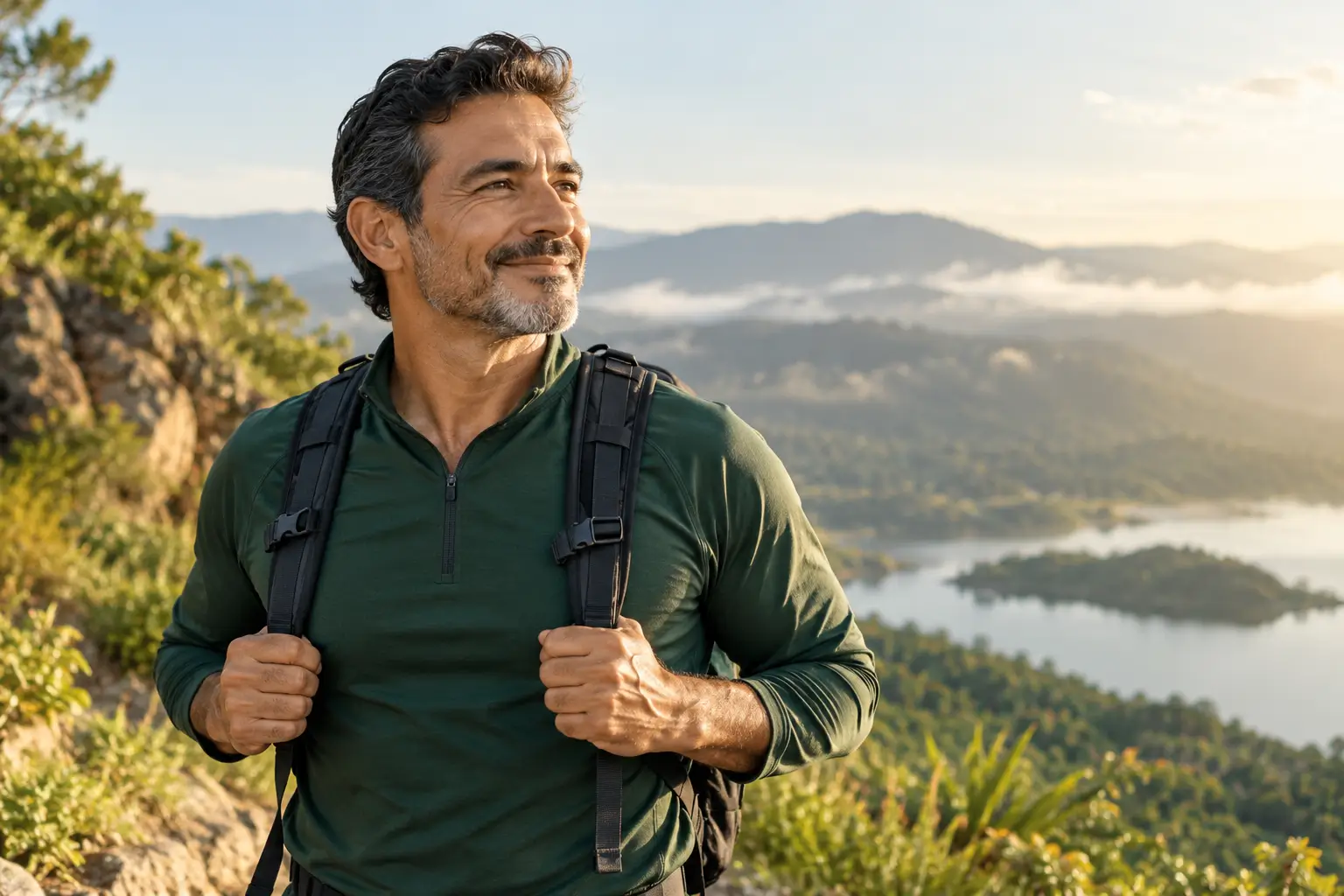Hombre disfrutando de un sendero al amanecer
