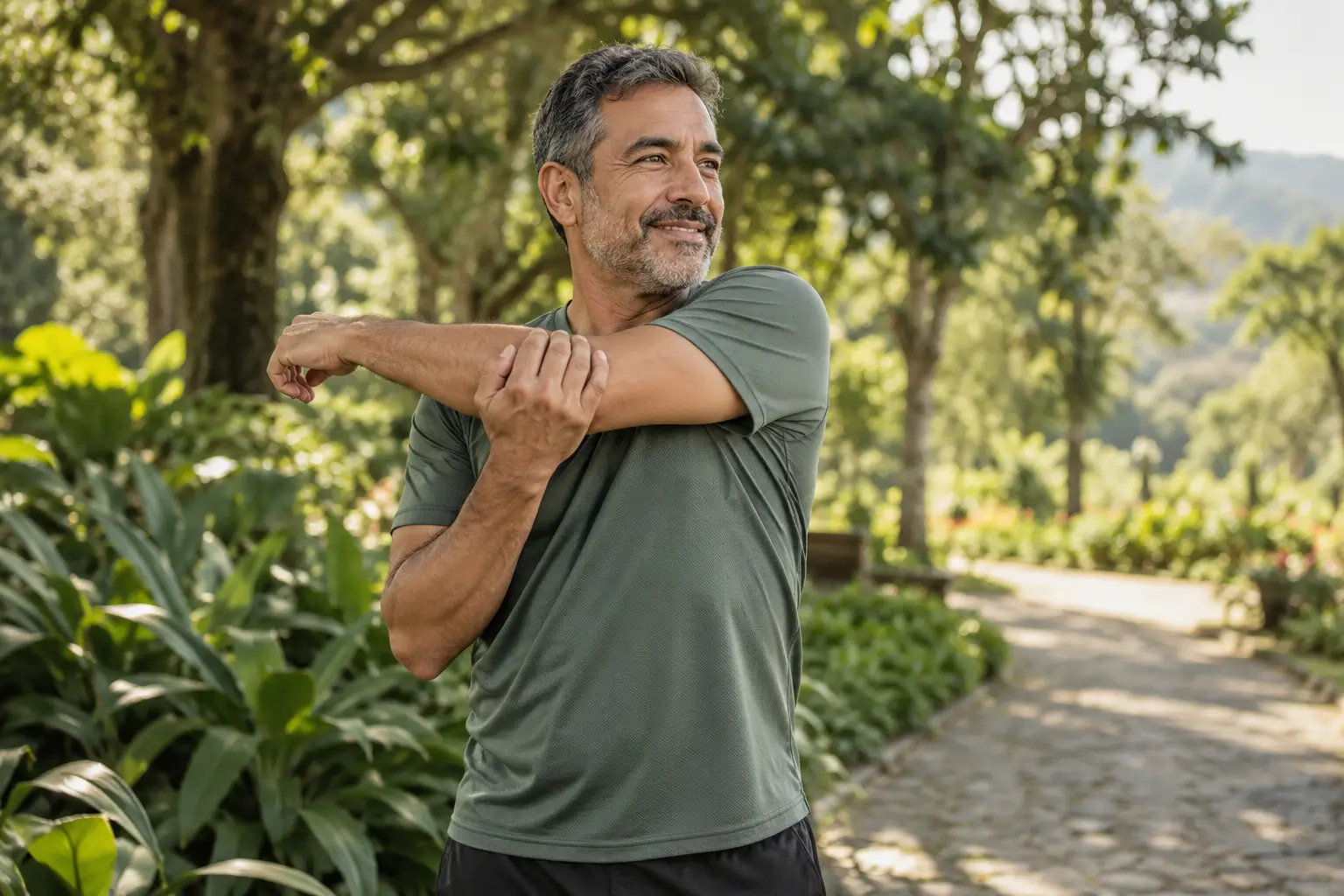 Hombre realizando un estiramiento de hombros en el parque