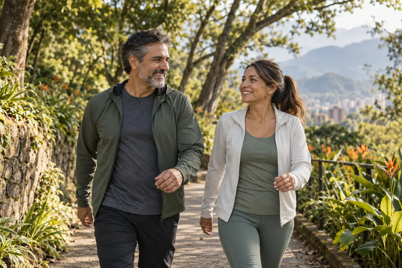 Pareja disfrutando de una caminata en el parque