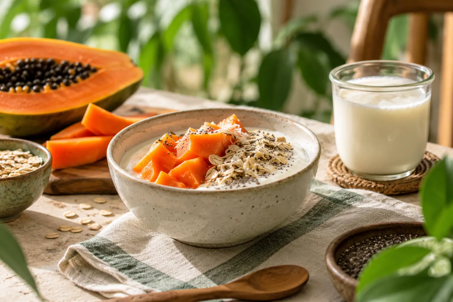 Yogur con papaya y avena junto a un vaso de kéfir